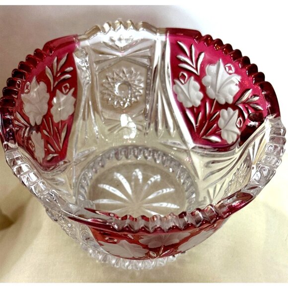 Vintage Ruby Red Crystal Candy Nut Dish Bowl Hand Cut Scalloped Edges Timeless - Picture 3 of 7